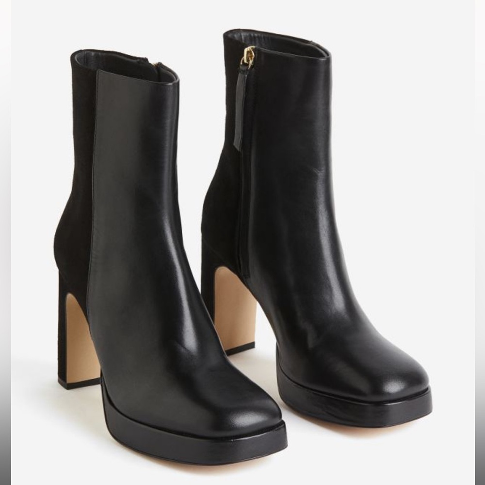 NWT H&M Black Leather Heeled Boots - Black Suede Boots - Platform Boots - Picture 2 of 10